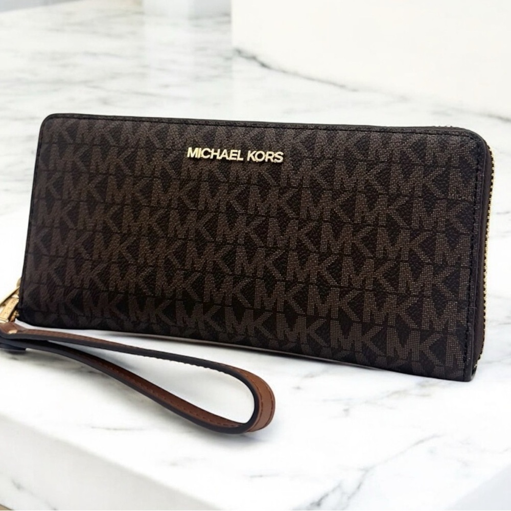 Michael Kors Large Continental Wallet Wristlet Brown Signature